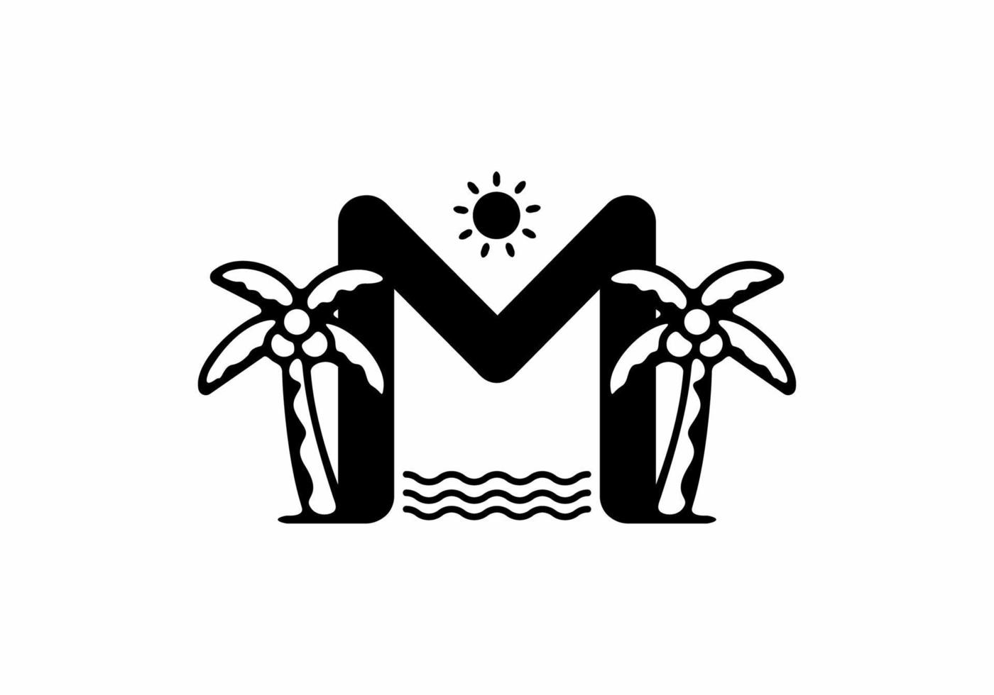 Black color of M initial letter with coconut tree and sun vector