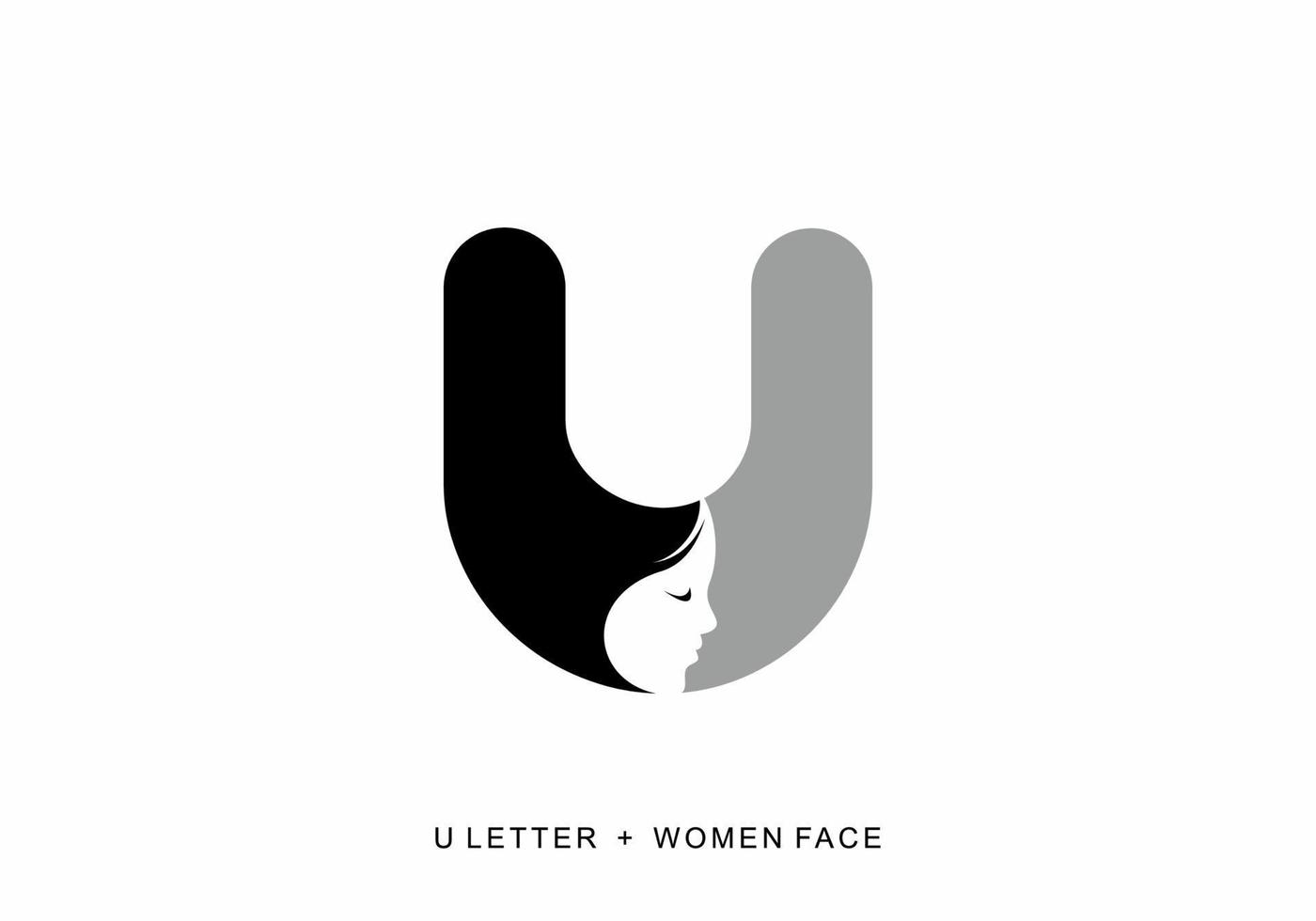 Black grey color of U initial letter with women face shape vector