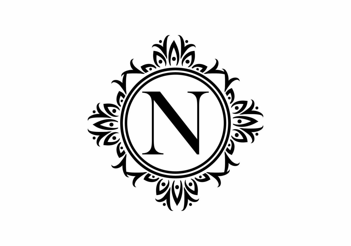 Black initial N letter in classic frame vector