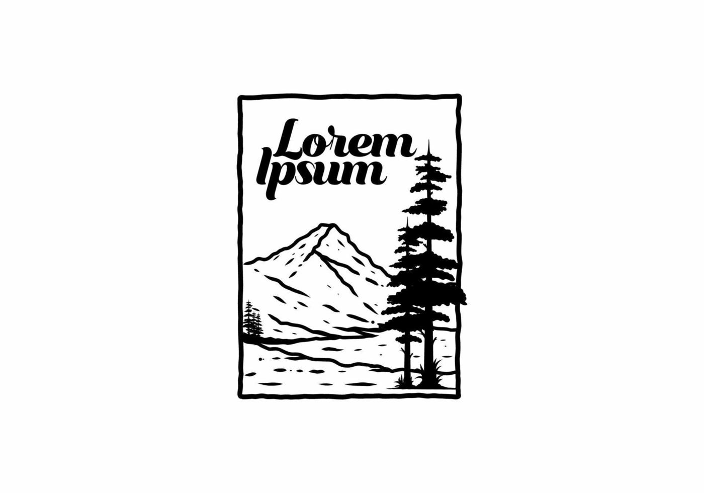 Black line art drawing of mountain and pine trees vector