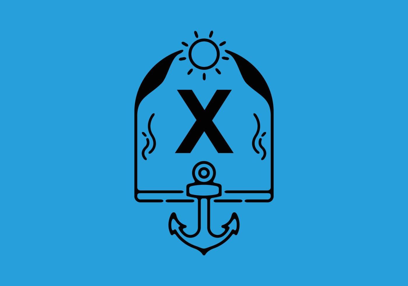 Black line art illustration of X initial letter in anchor frame vector