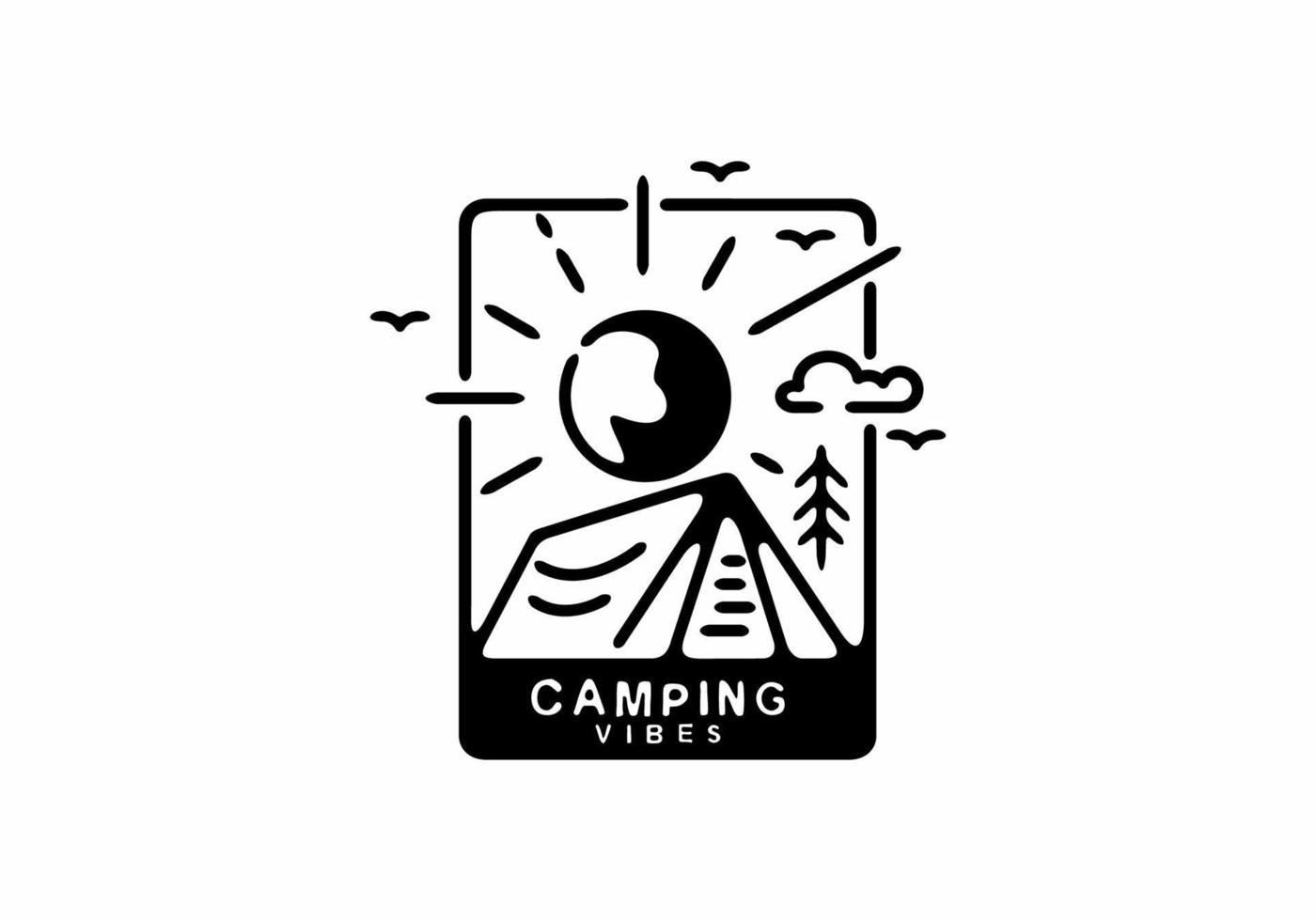 ilustración de arte de línea negra de la insignia de camping en forma de rectángulo único vector