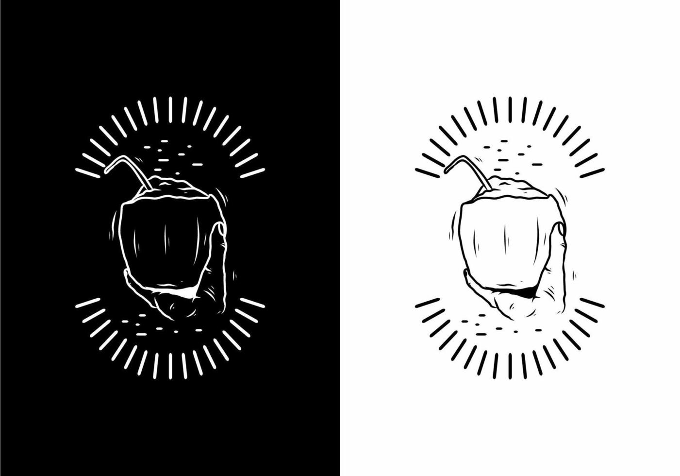 Black and white of hand holding coconut drink badge vector