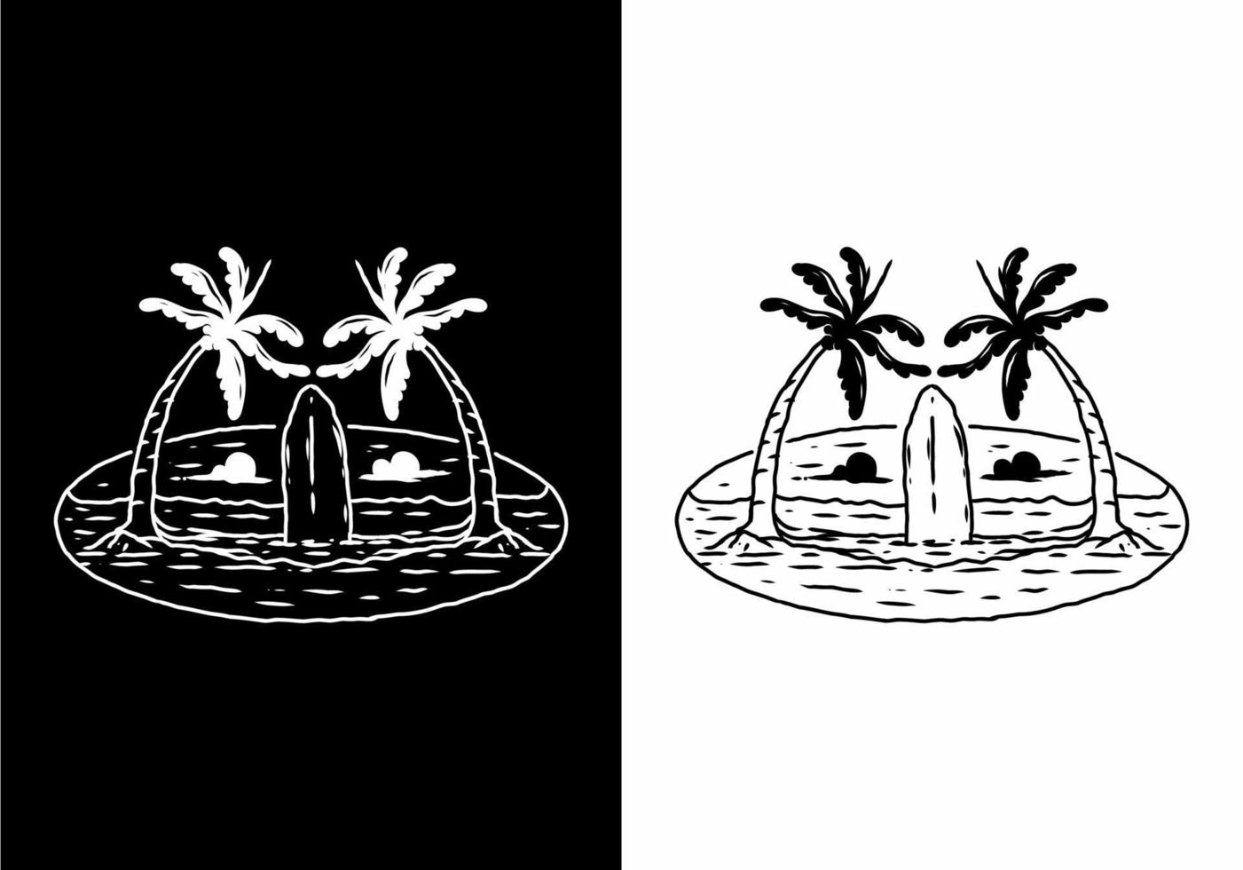 Black and white illustration drawing of surfing board and beach vector