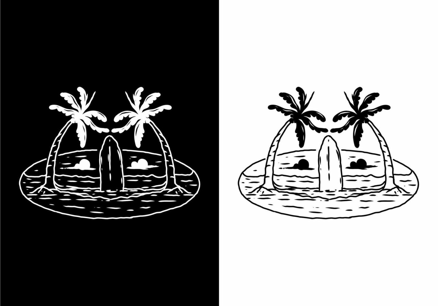 dibujo ilustrativo en blanco y negro de tabla de surf y playa vector