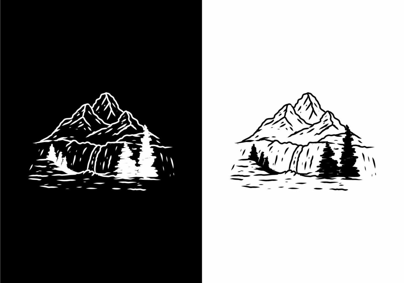 Black and white line art illustration drawing of mountain and waterfall vector
