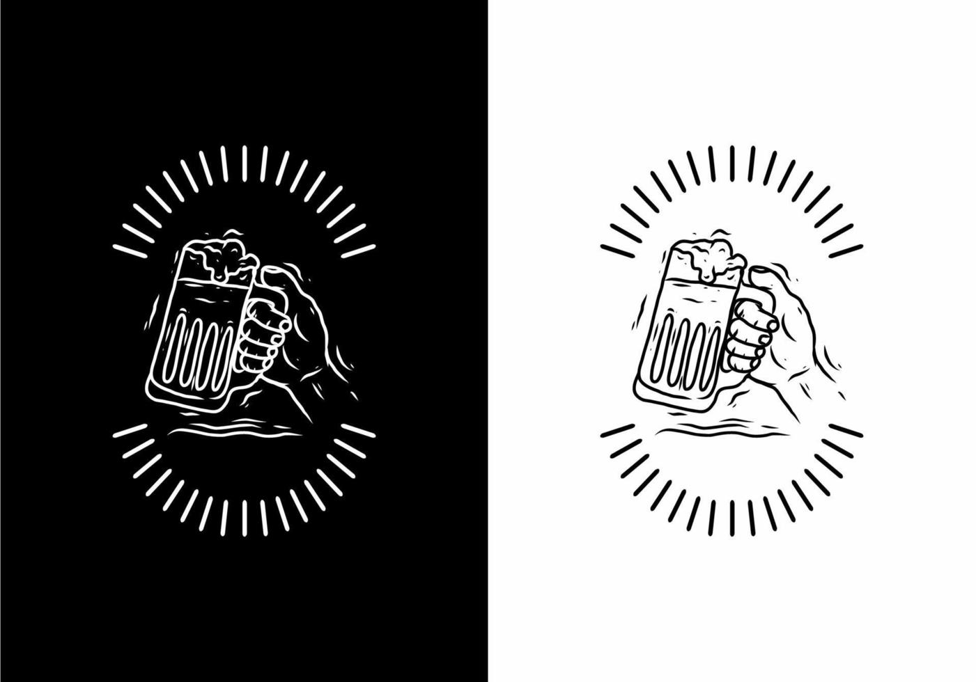 Black and white of hand holding beer badge vector