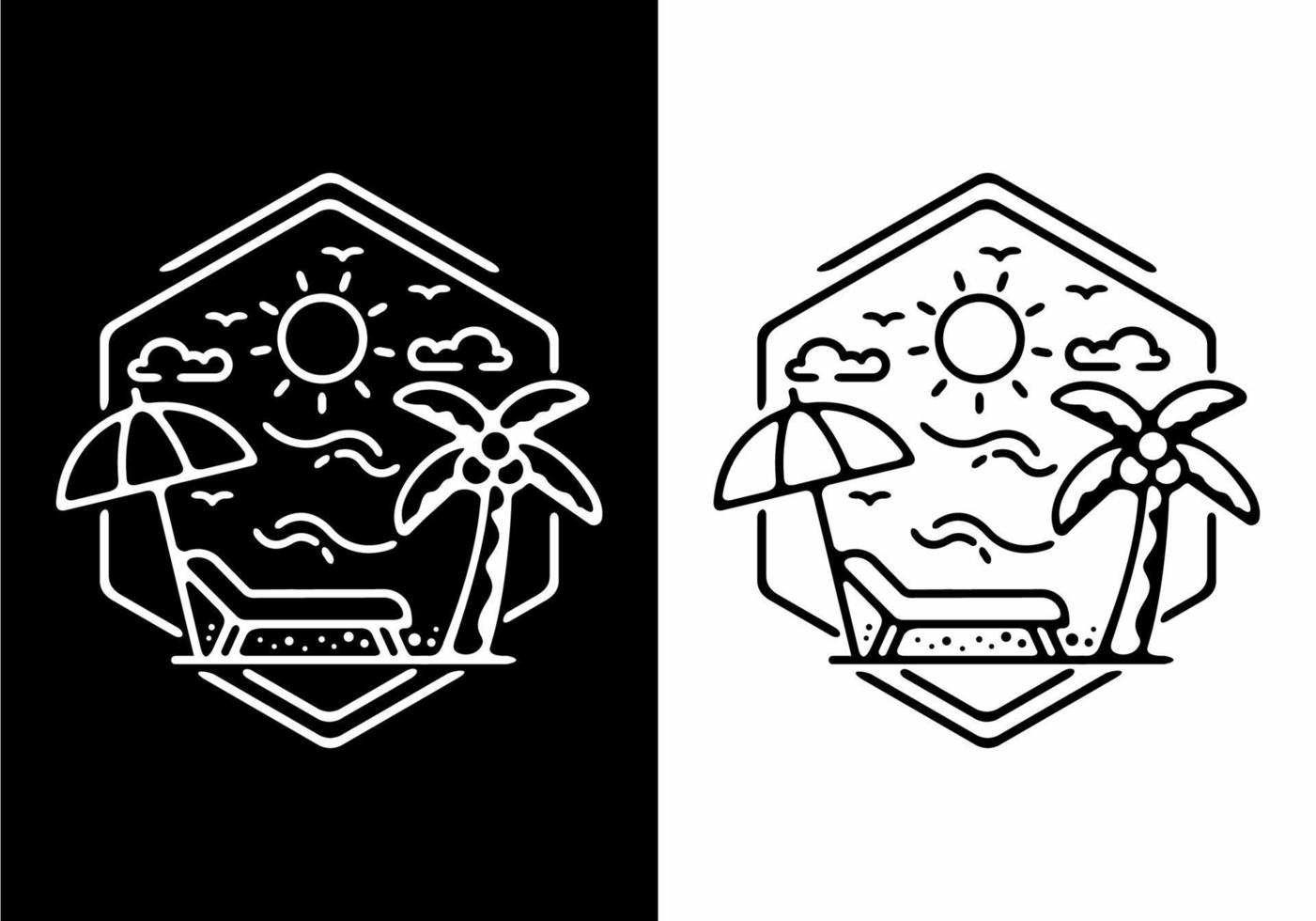 Black and white line art illustration of beach in hexagon shape vector
