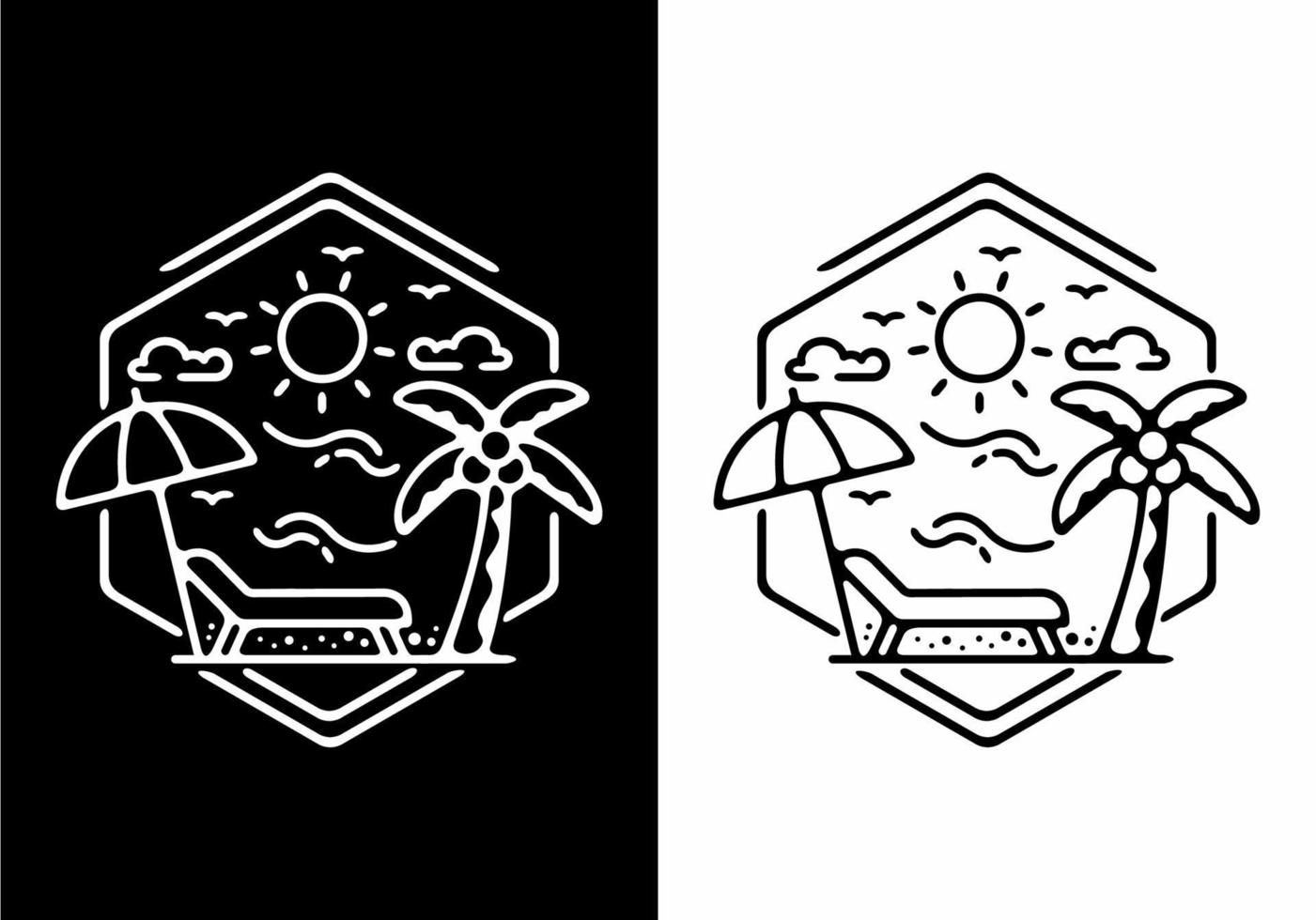 ilustración de arte lineal en blanco y negro de la playa en forma de hexágono vector