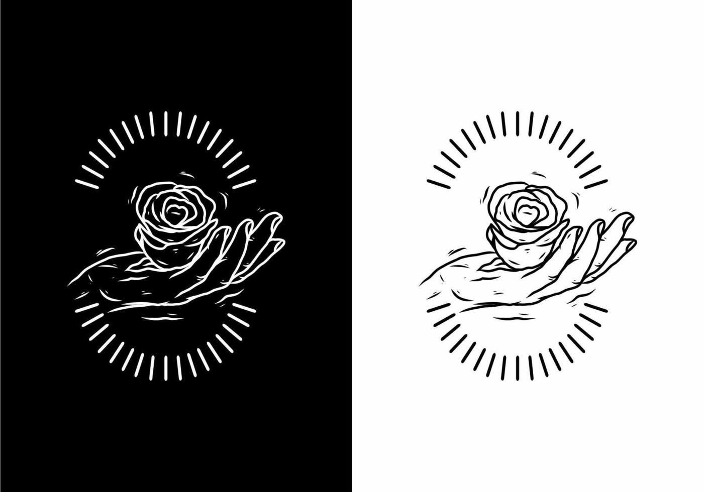 Black and white line art of hand holding rose vector