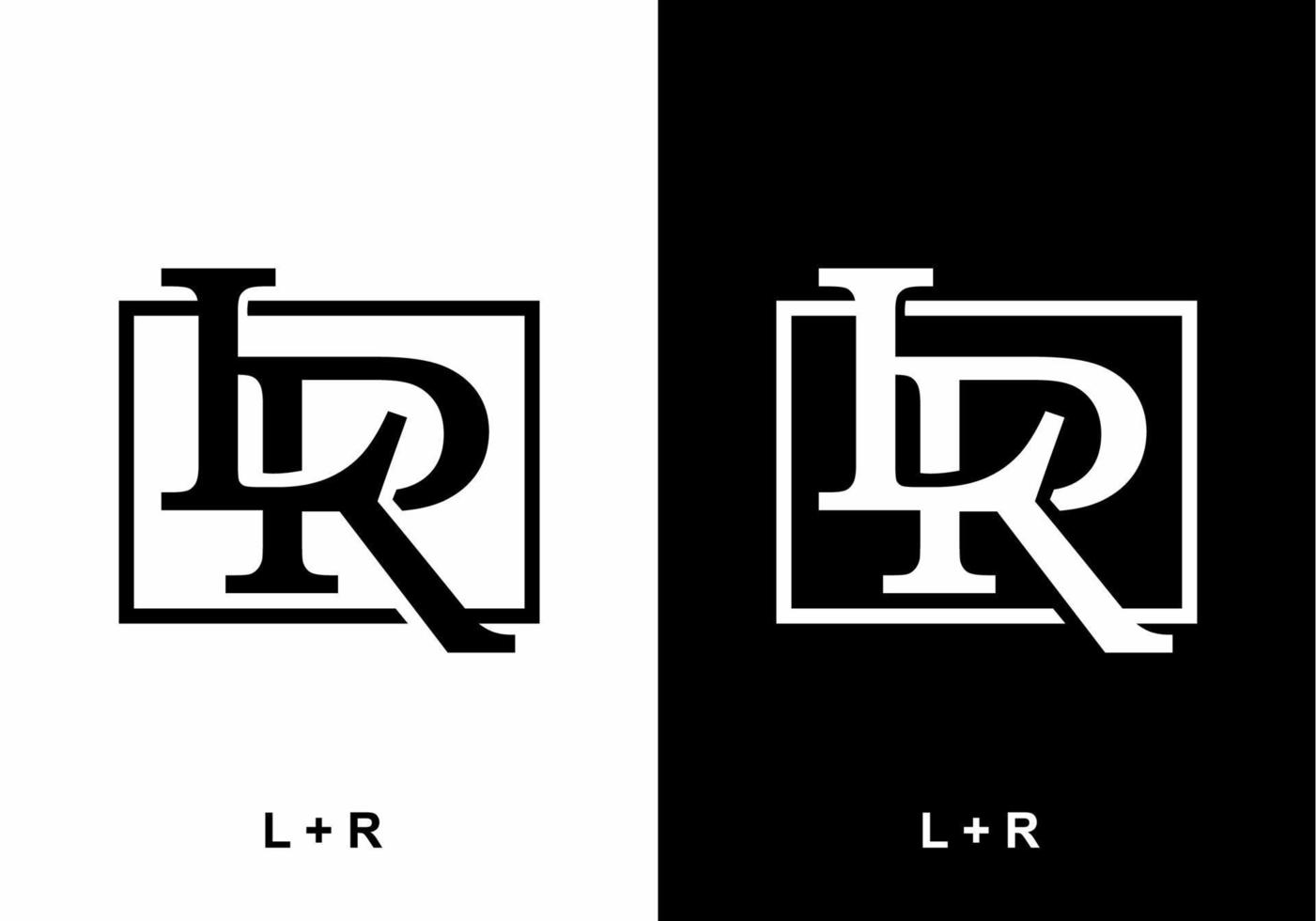 Black and white LR initial letter in square shape vector