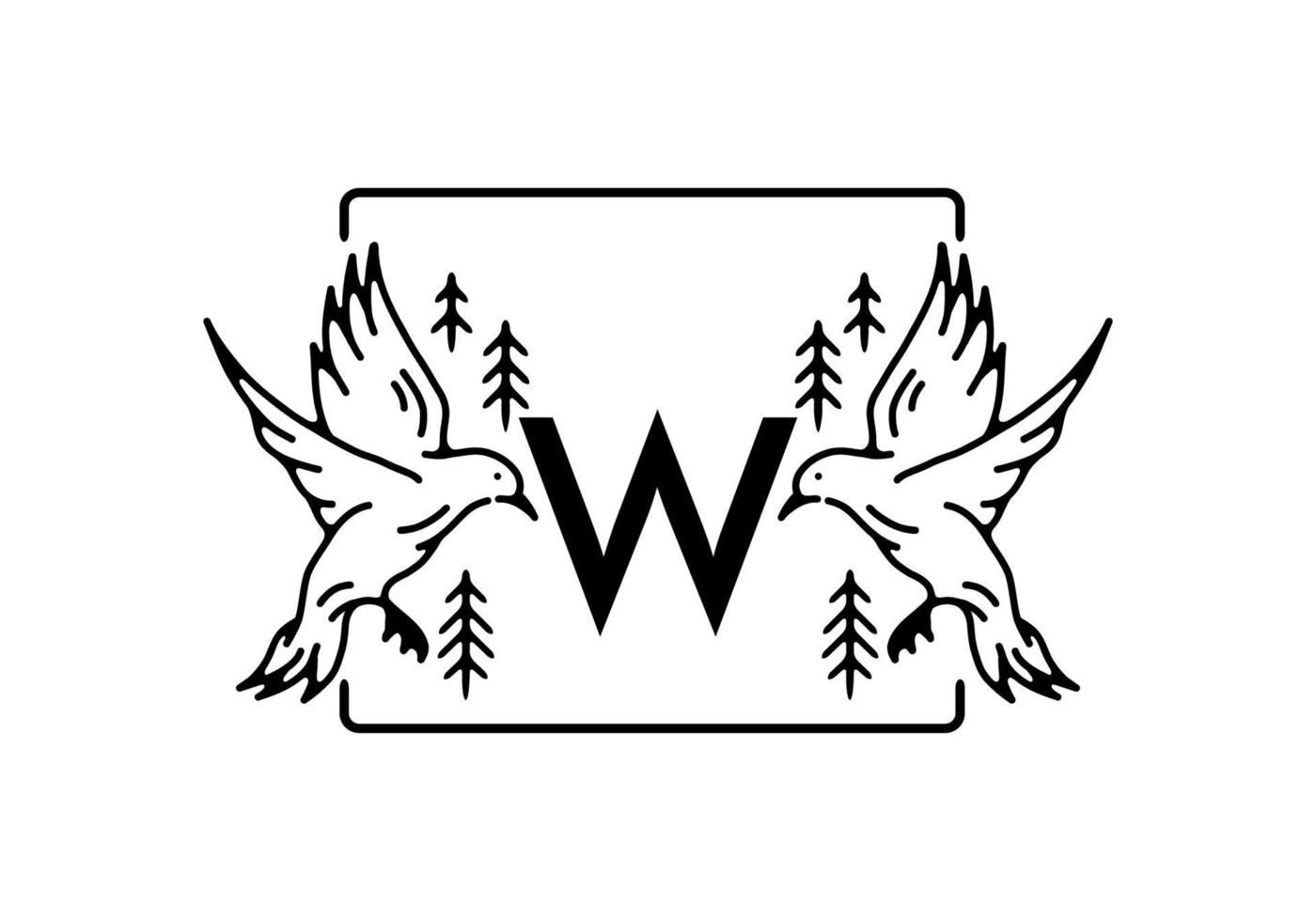 Black color of bird line art with W initial letter vector