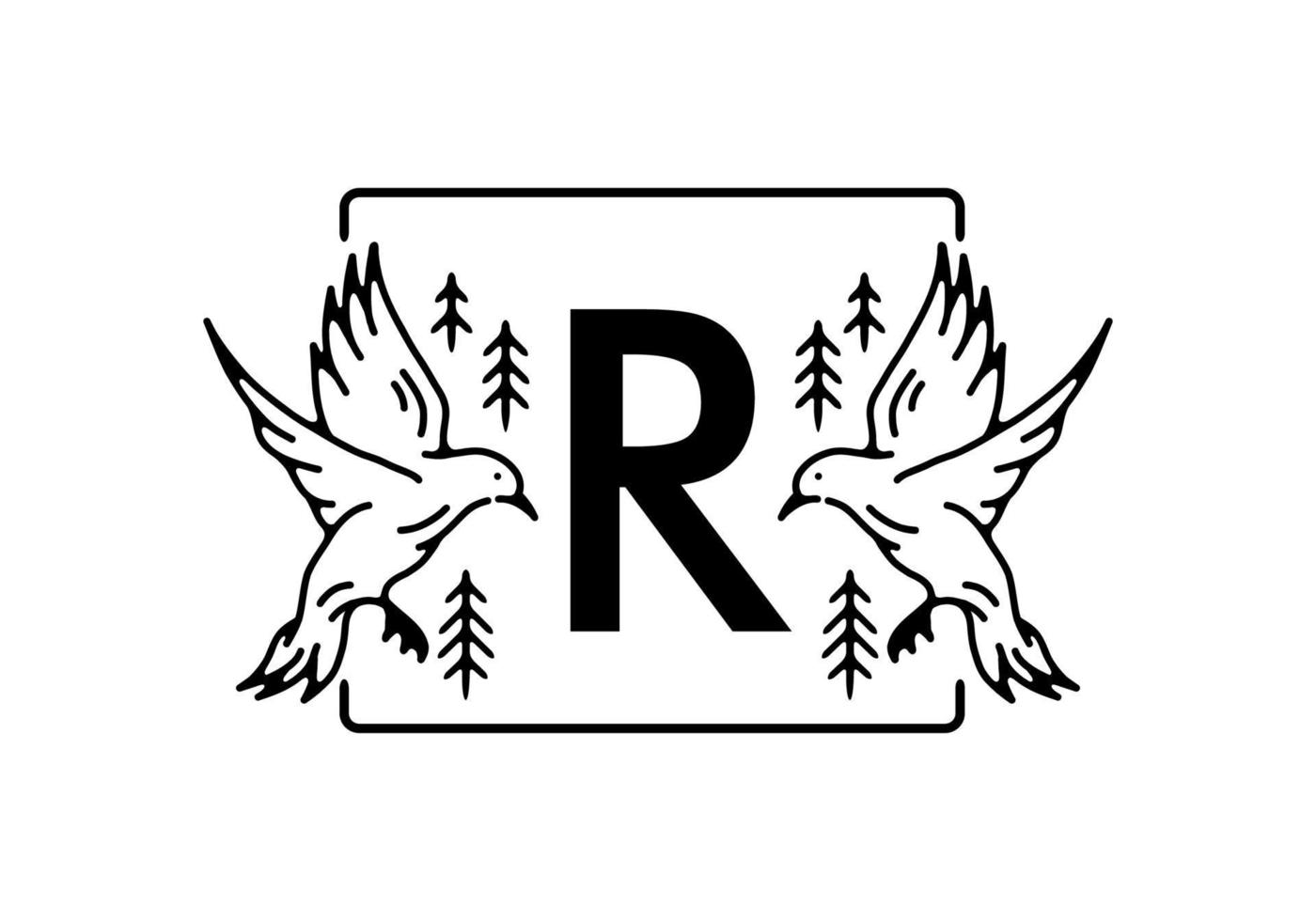 Black color of bird line art with R initial letter vector