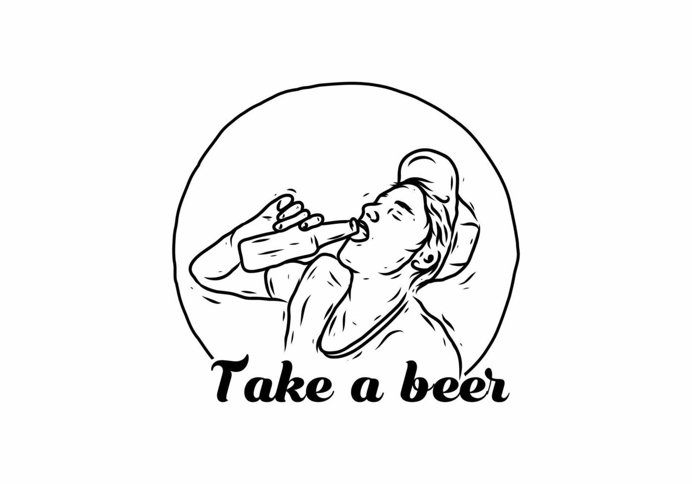 Black illustration drawing of man drink a beer vector