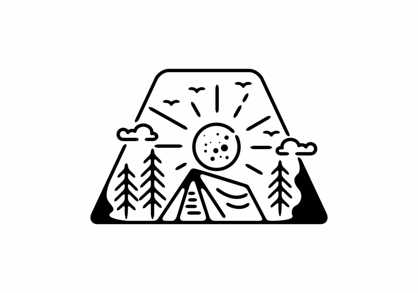 ilustración de arte de línea negra de la insignia de camping en forma de trapecio vector
