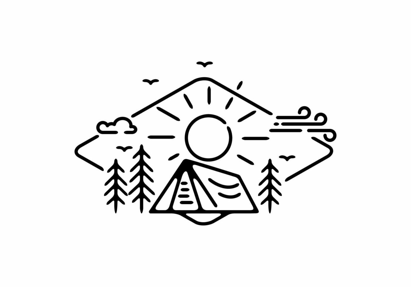 Black line art illustration of camping badge in unique diamond shape vector