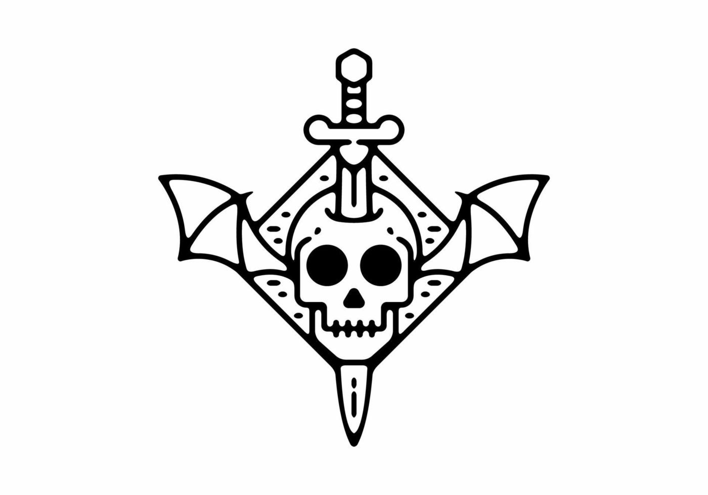 Black line art drawing of skull head with sword and wings vector