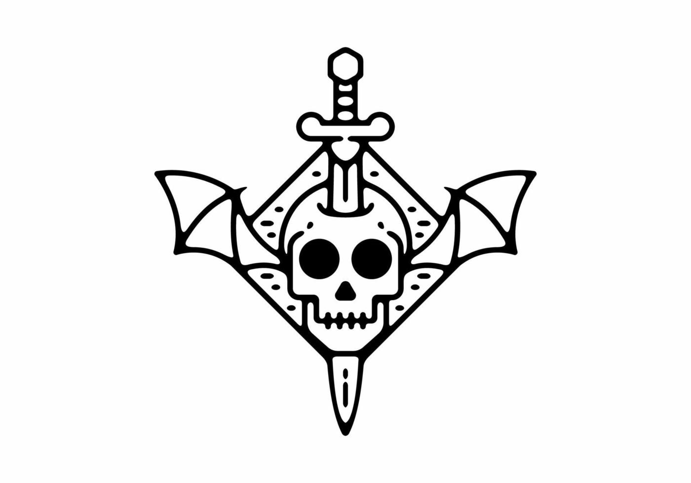 Black line art drawing of skull head with sword and wings vector