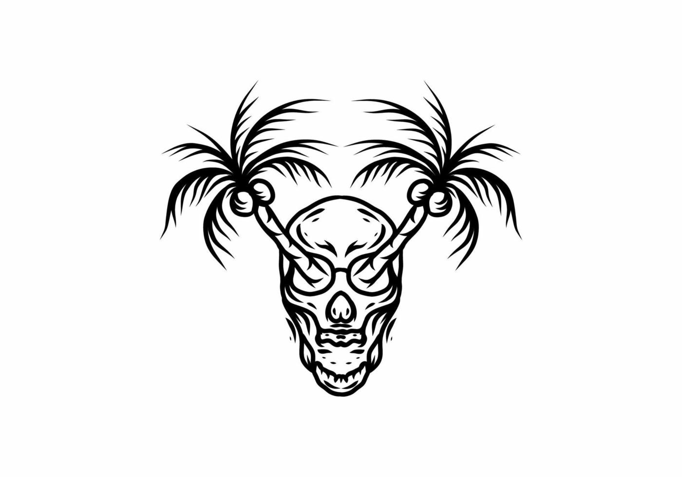 Black line art drawing of skeleton head and coconut tree vector