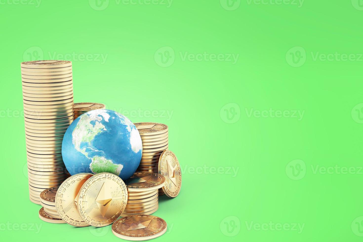 Ethereum coin ETH one of most popular and best cryptocurrency and symbol of world , stack of ethereum coin with globe or earth photo