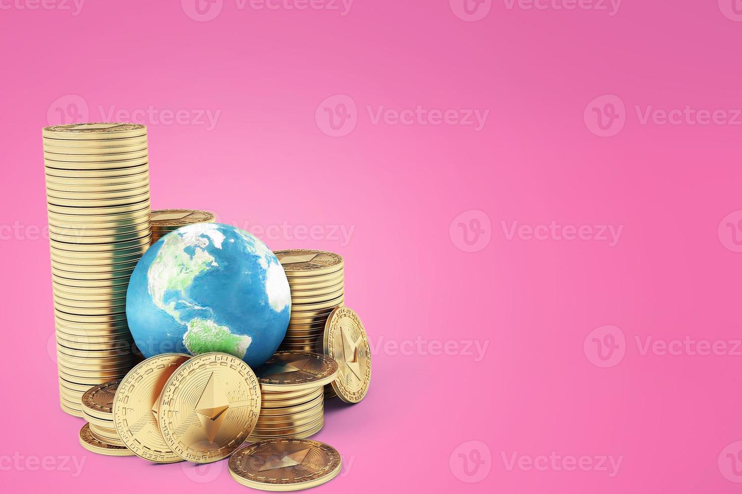 Ethereum coin ETH one of most popular and best cryptocurrency and symbol of world , stack of ethereum coin with globe or earth photo