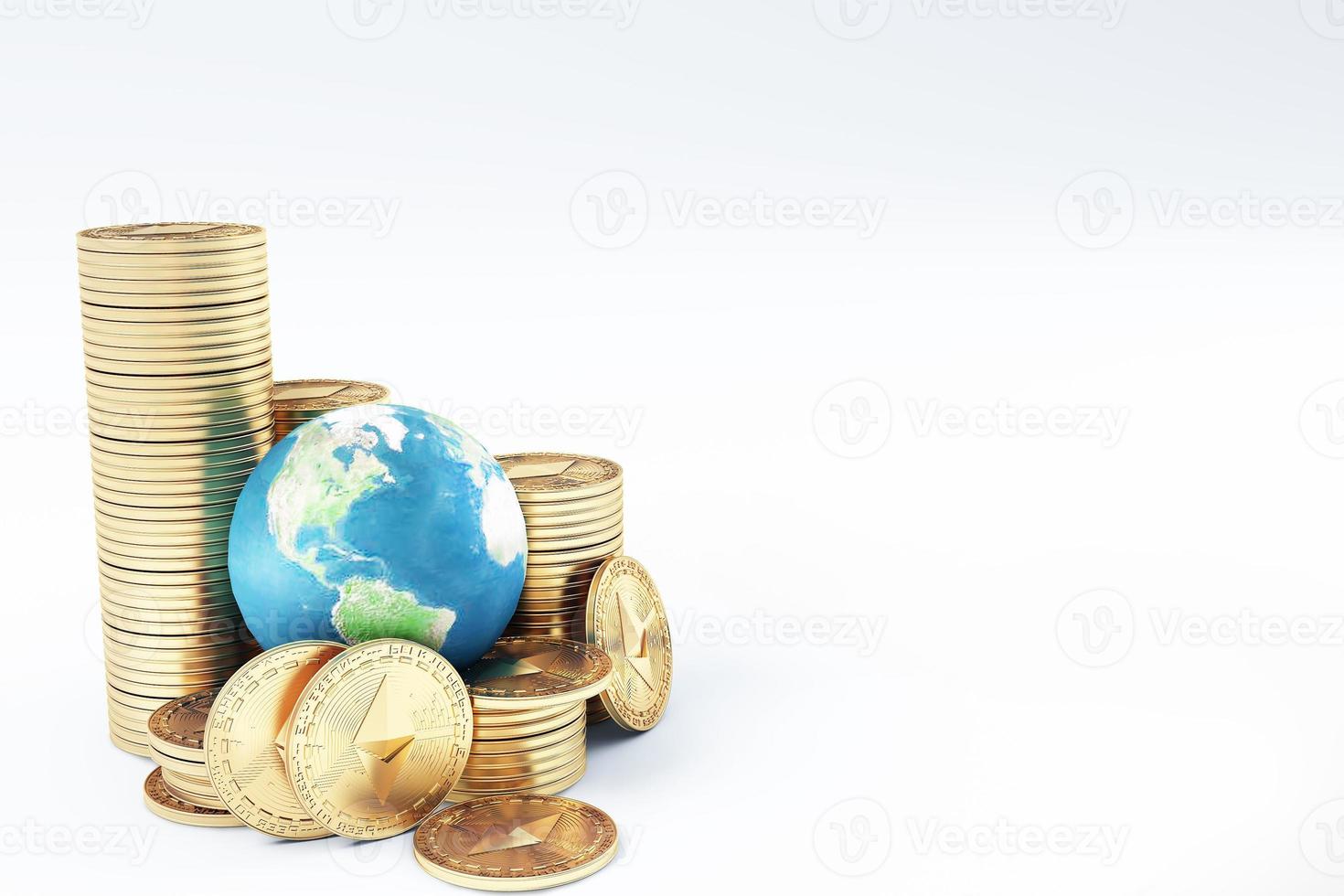 Ethereum coin ETH one of most popular and best cryptocurrency and symbol of world , stack of ethereum coin with globe or earth photo