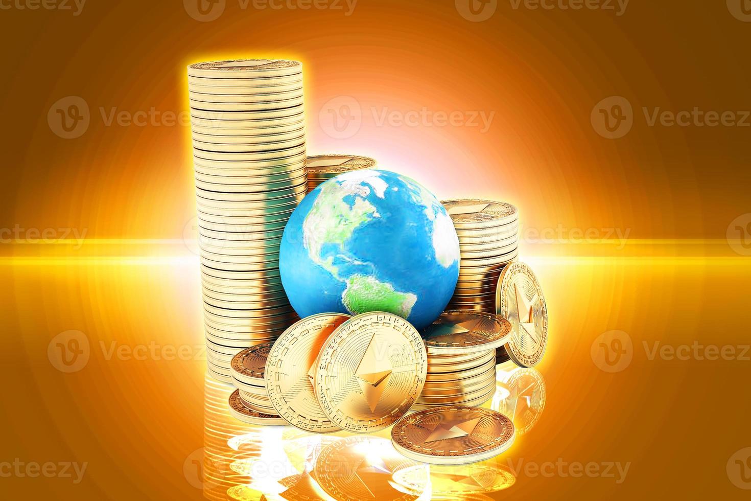 Ethereum coin ETH one of most popular and best cryptocurrency and symbol of world , stack of ethereum coin with globe or earth photo