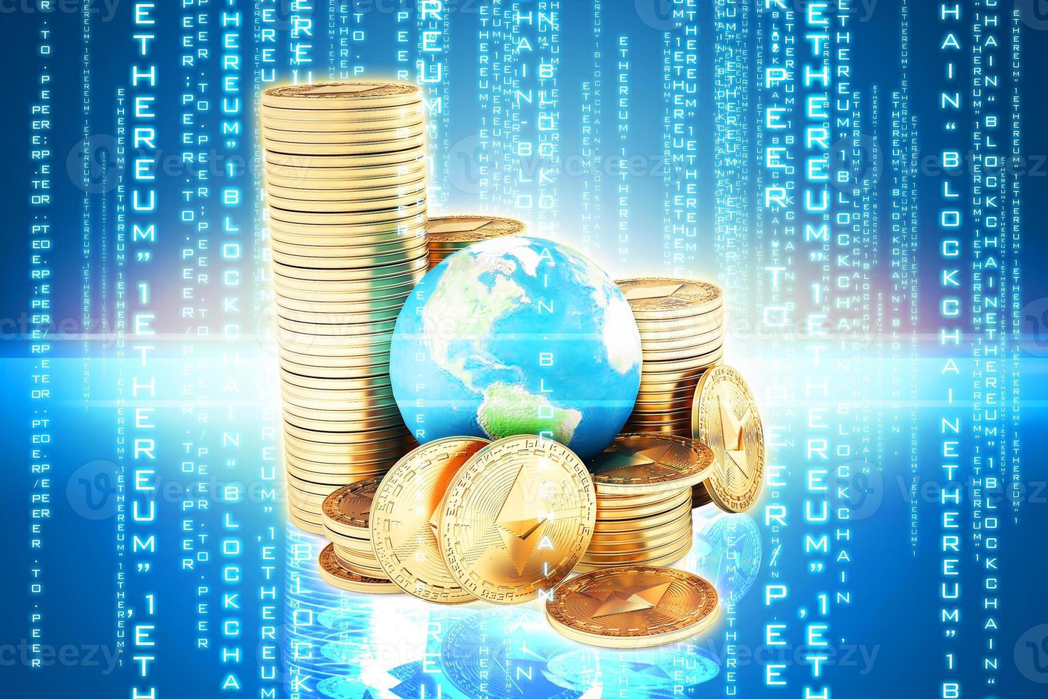 Ethereum coin ETH one of most popular and best cryptocurrency and symbol of world , stack of ethereum coin with globe or earth photo