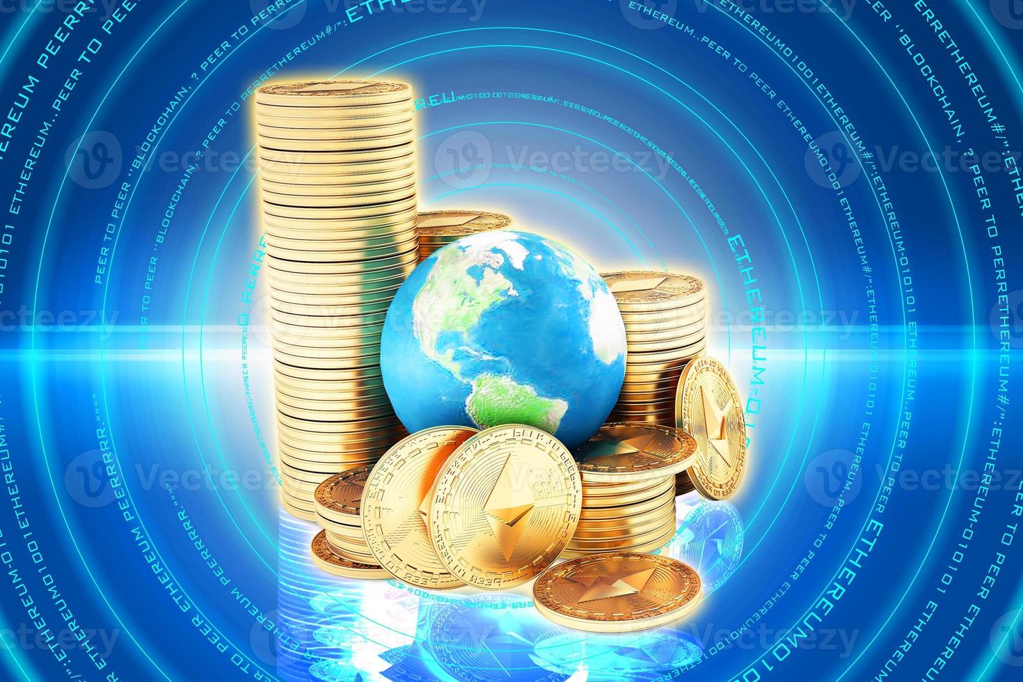 Ethereum coin ETH one of most popular and best cryptocurrency and symbol of world , stack of ethereum coin with globe or earth photo