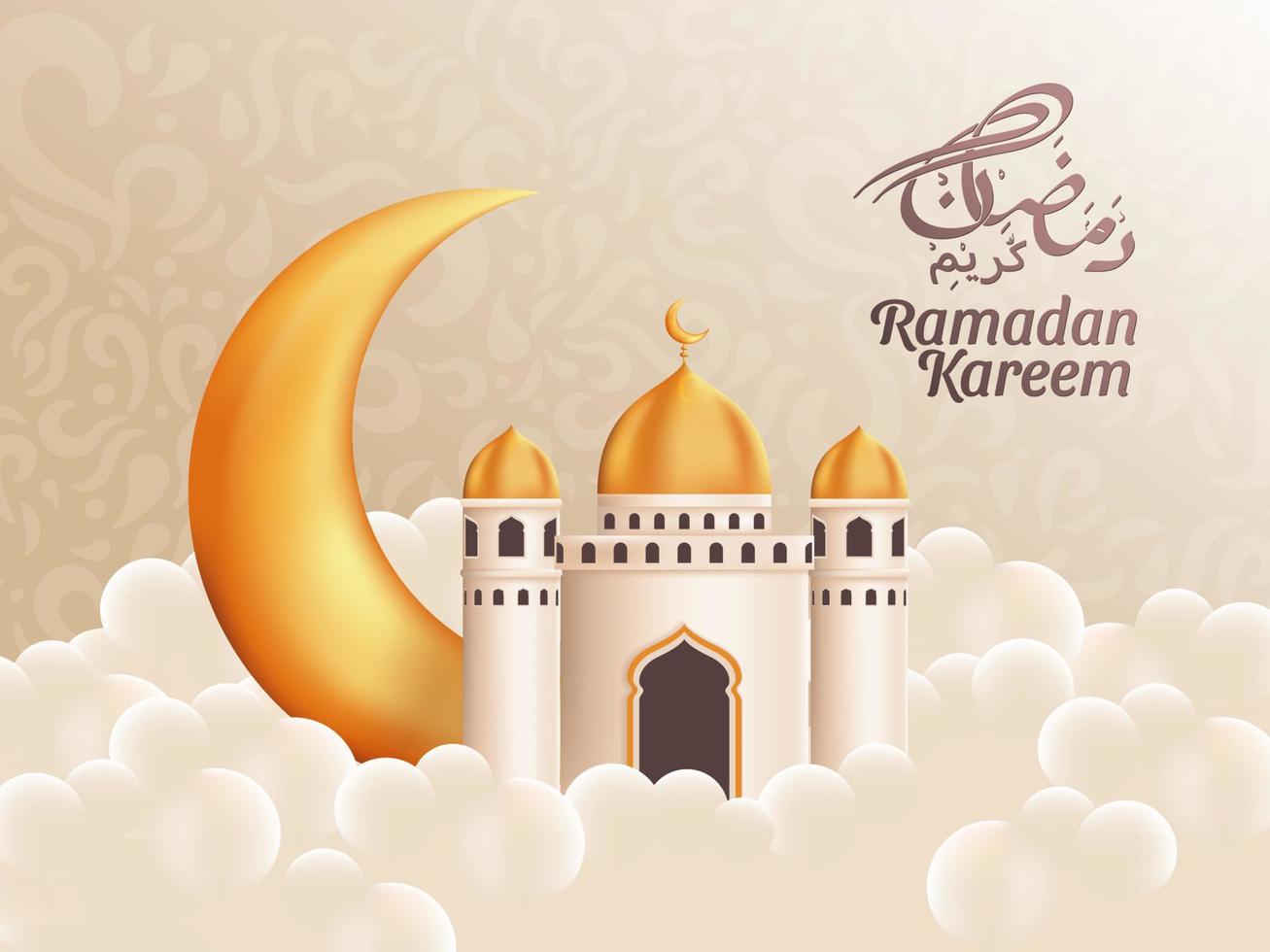 Ramadan Kareem Greetings Vector Illustration With Mosque Crescent Moon and Calligraphy