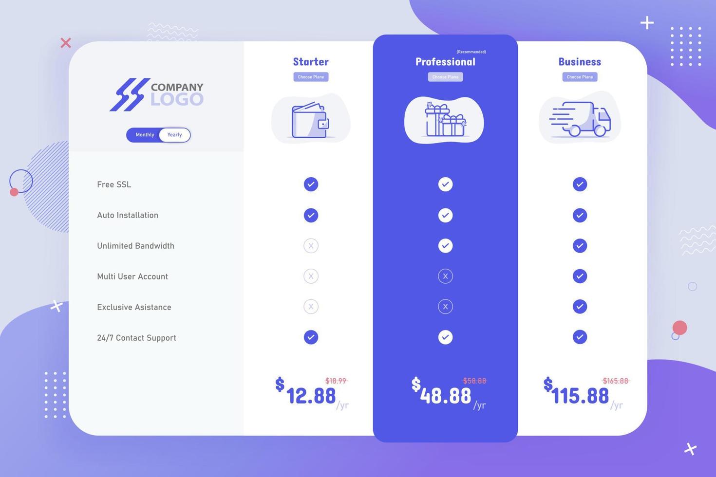 nuevo diseño moderno de plantilla de tabla de precios de 3 planes vector