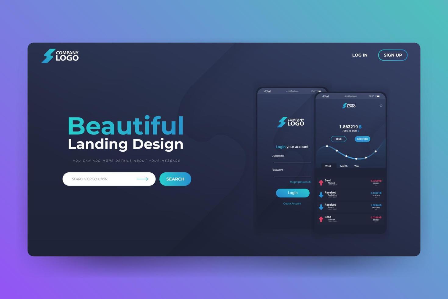 Bitcoin App Website Landing Page Vector Template Design