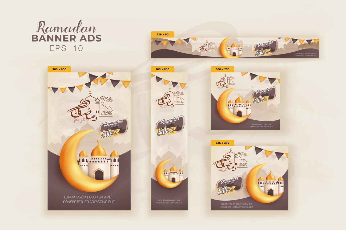 5 Ramadan Kareem Banner ads Vector Template Design, Happy Ramadan Greetings