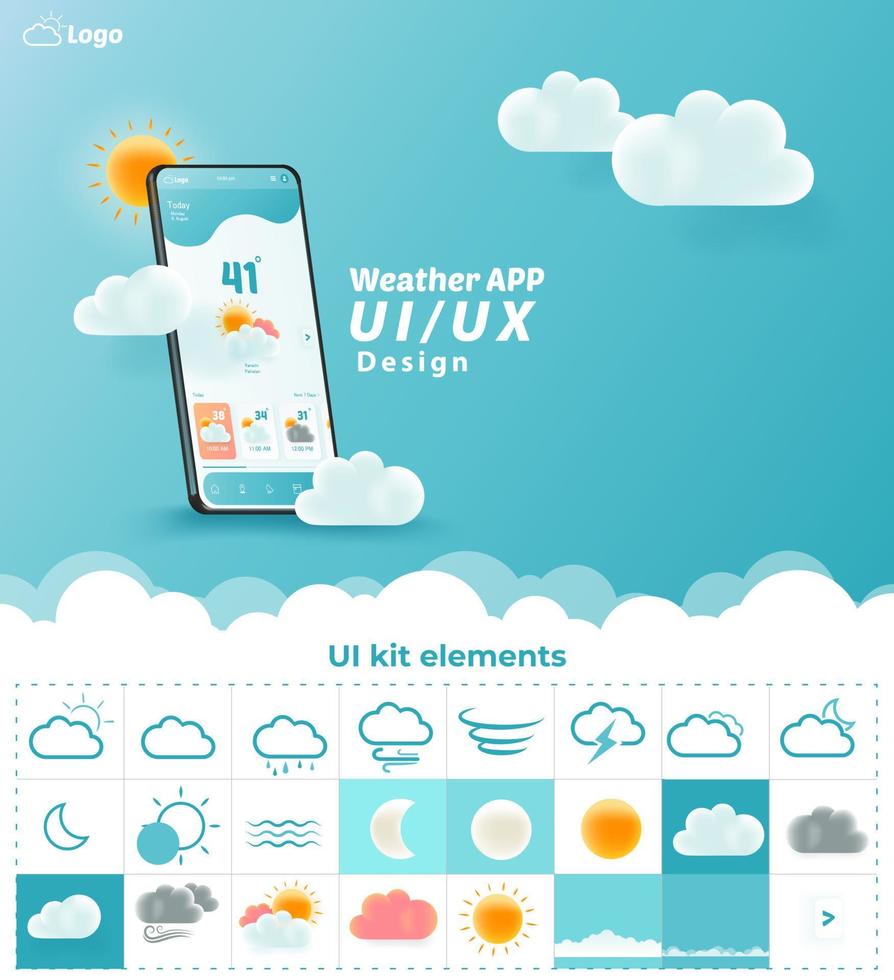 Weather App UI UX Kit Elements, Website Landing Page Vector