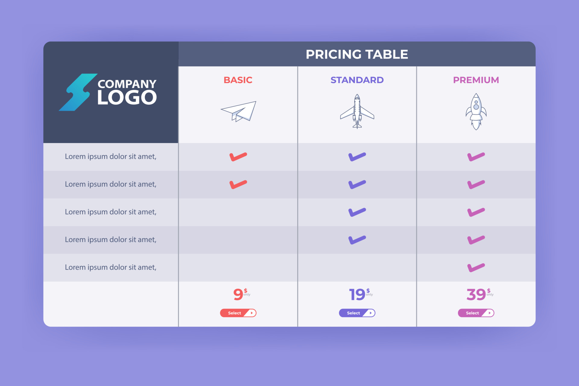 Modern Pricing Table Design with three Subscription Plans. Flat