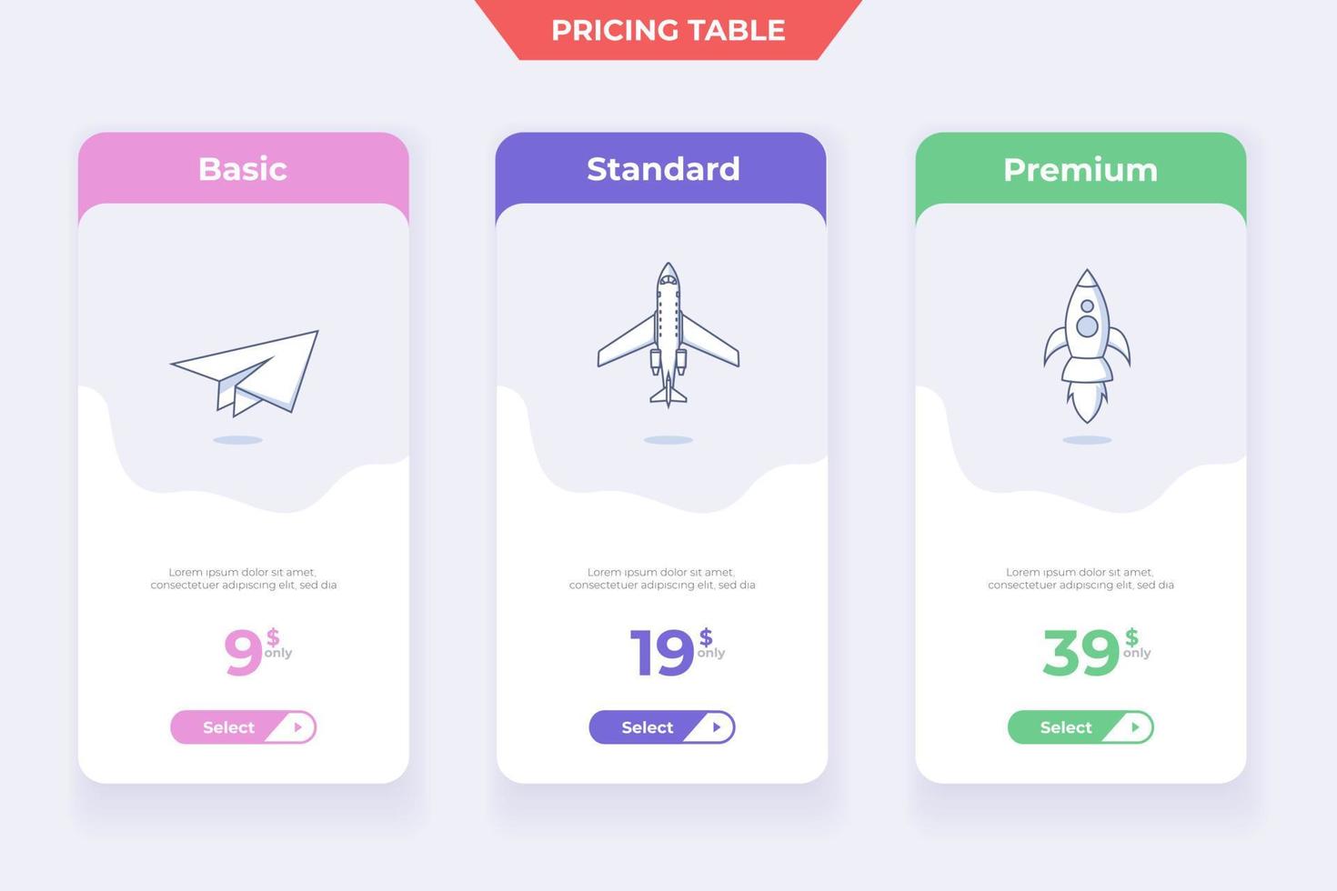 Diseño de plantilla de tabla de precios de 3 planes vector