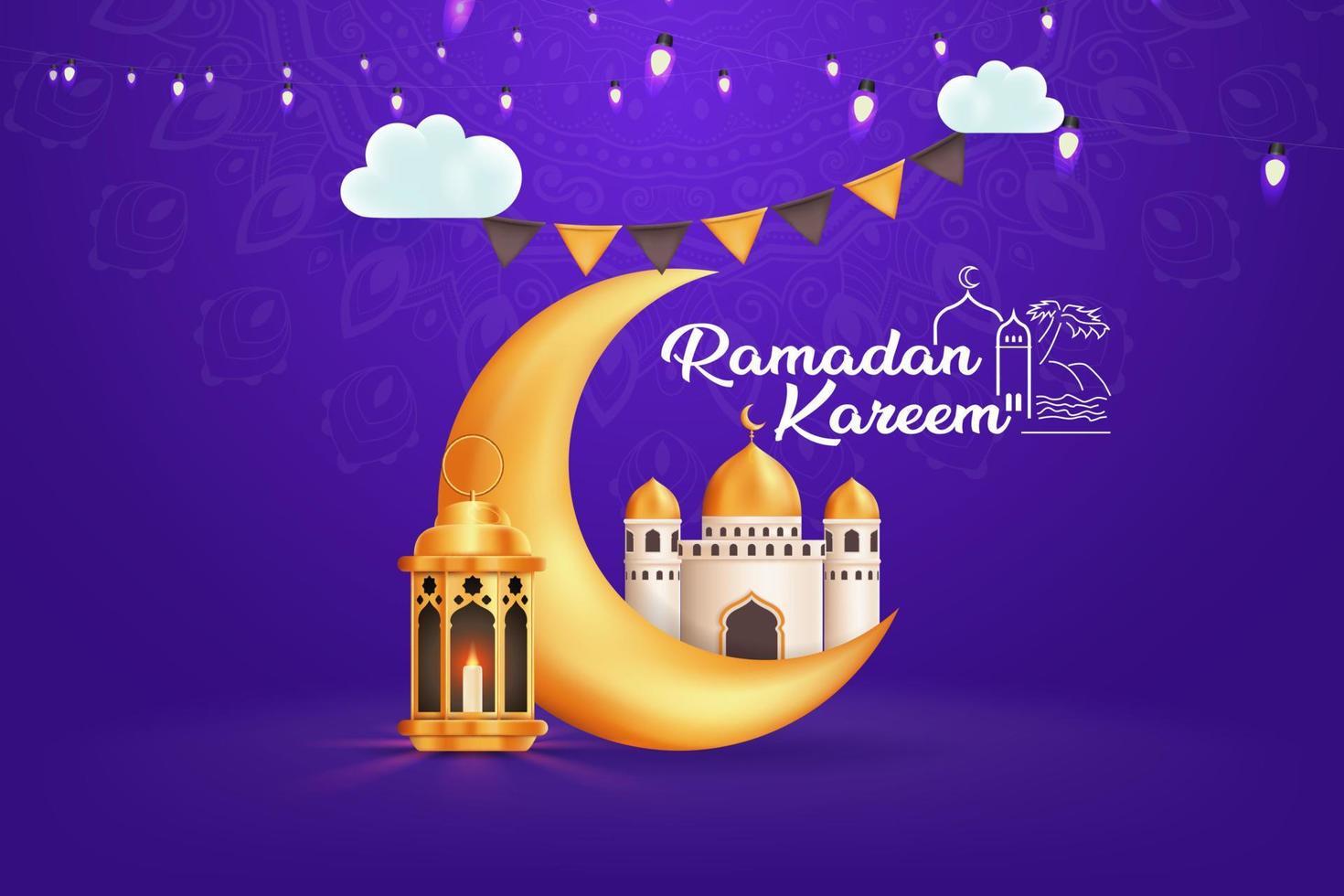 Ramadan Kareem Greetings, Moon, Mosque, Vector Background Illustration