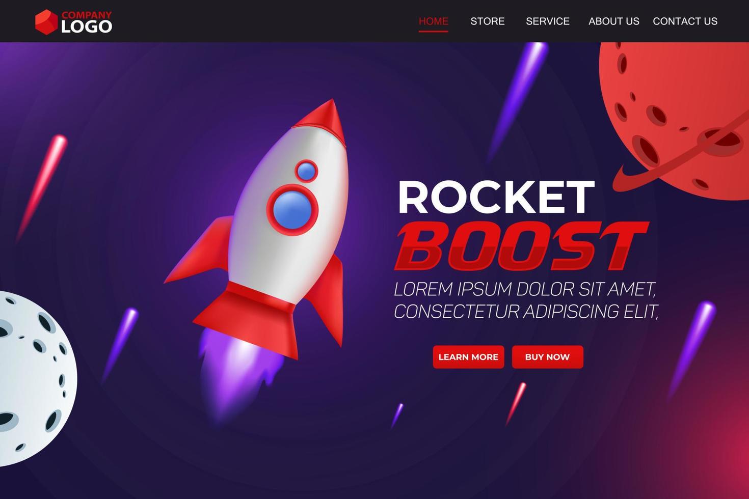 diseño de plantilla de vector de página de inicio de sitio web de impulso de cohete