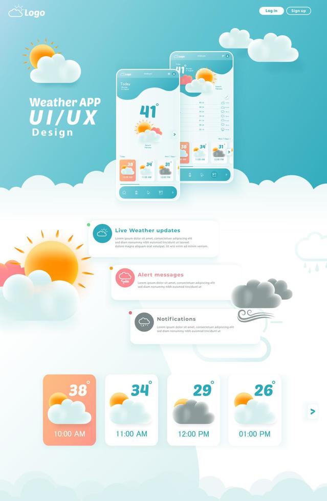 Weather App UI UX Kit Elements, Website Landing Page Vector