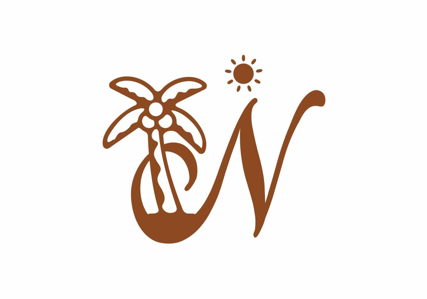 Brown color of N initial letter with coconut tree and sun vector