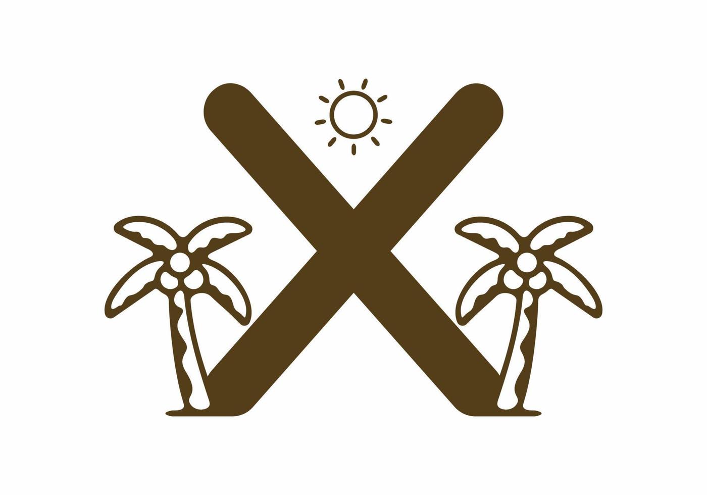 Brown color of X initial letter with coconut tree and sun vector