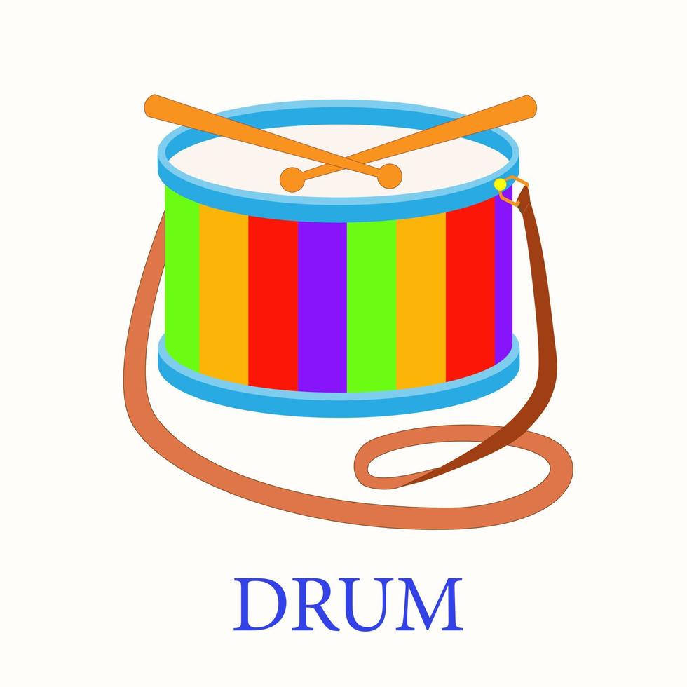 Colored childrens drum with two wooden sticks and a belt on a white background vector