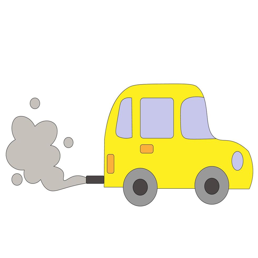 yellow car with smoke, exhaust. The concept of carbon dioxide emission, environmental pollution vector
