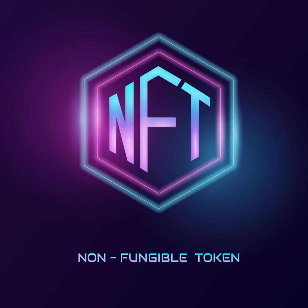 non-fungible token or NFT. Non-fungible token logo design background.Blue and purple neon light. vector