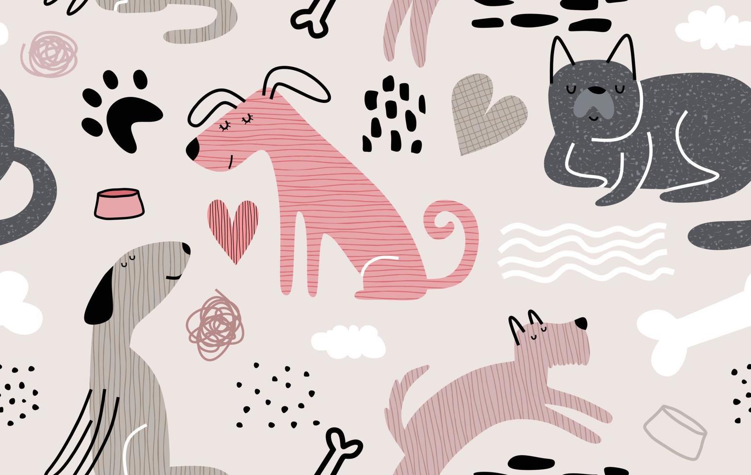 Childish seamless pattern with funny dogs. vector