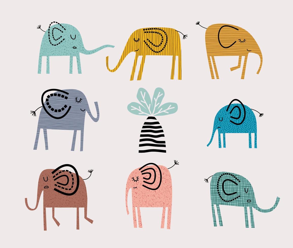 conjunto de imágenes de dibujos animados de elefantes divertidos. vector