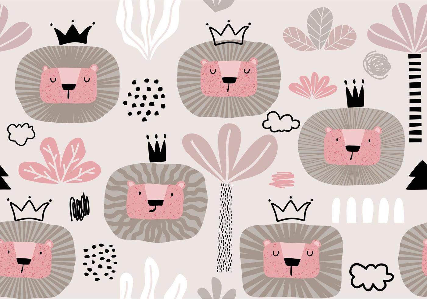 Seamless pattern with cute cartoon lion. vector