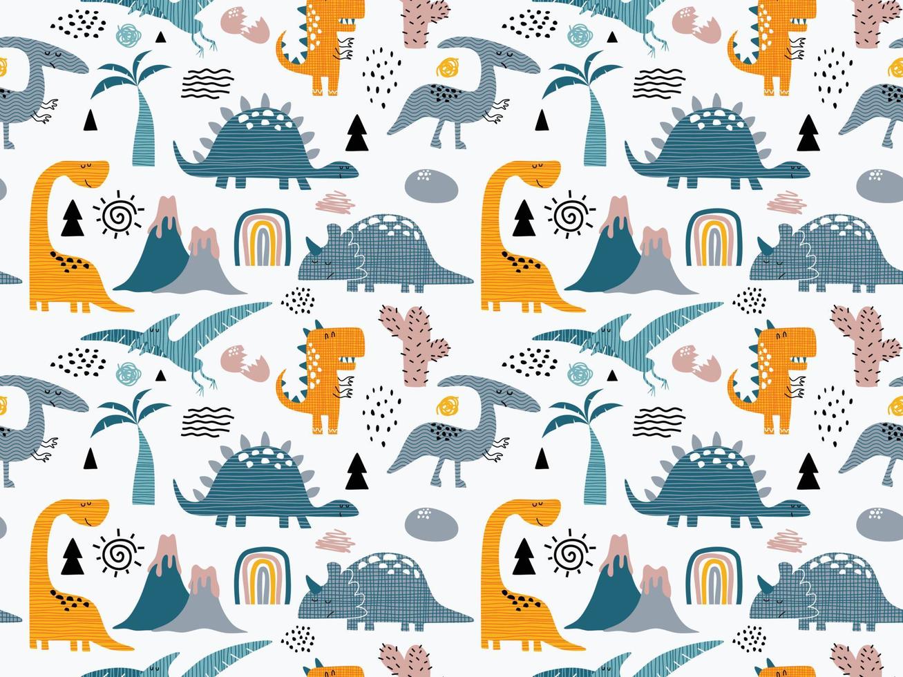 Childish seamless pattern with hand drawn dino in scandinavian style. vector