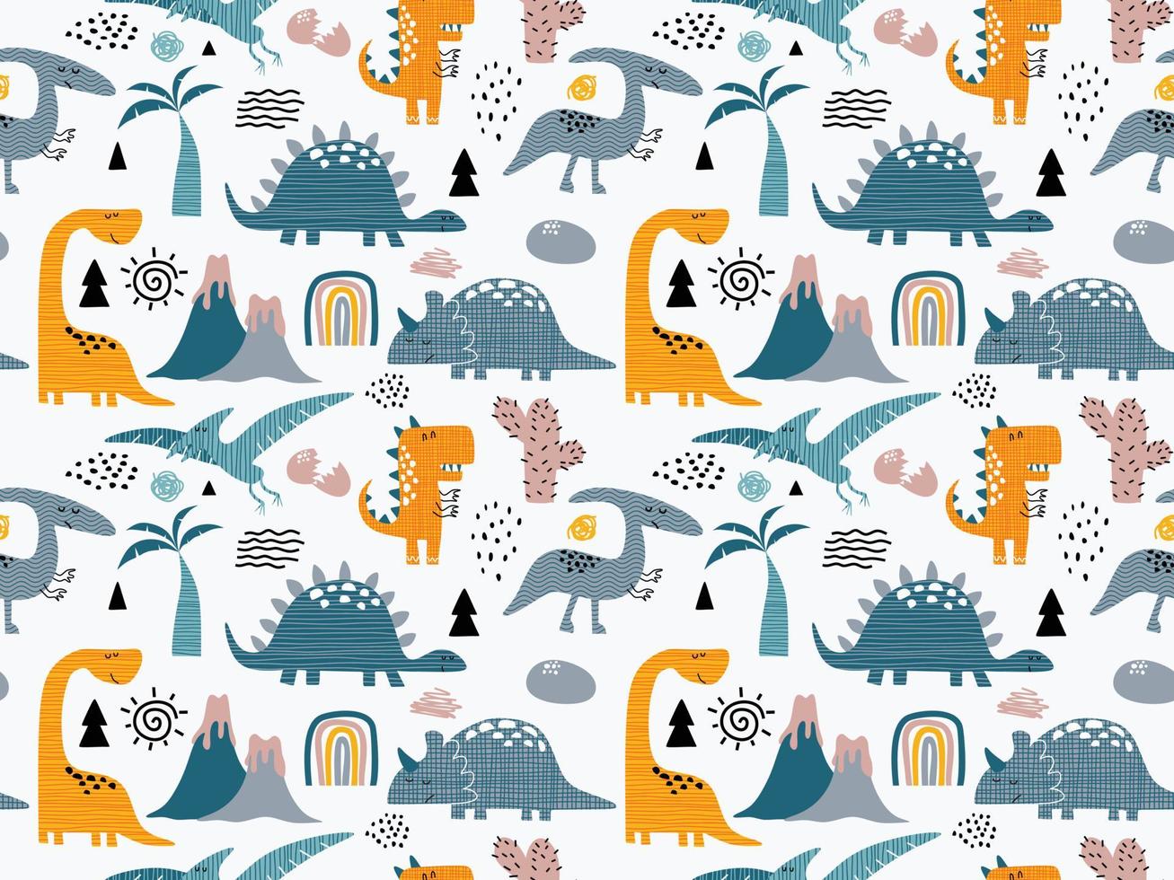 Childish seamless pattern with hand drawn dino in scandinavian style. vector