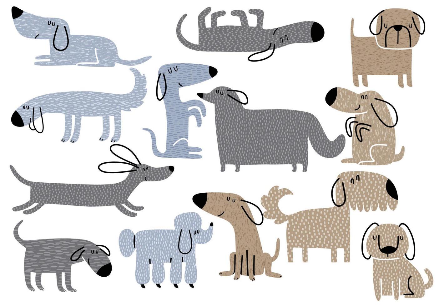 set of hand drawn illustration with cute dogs. vector